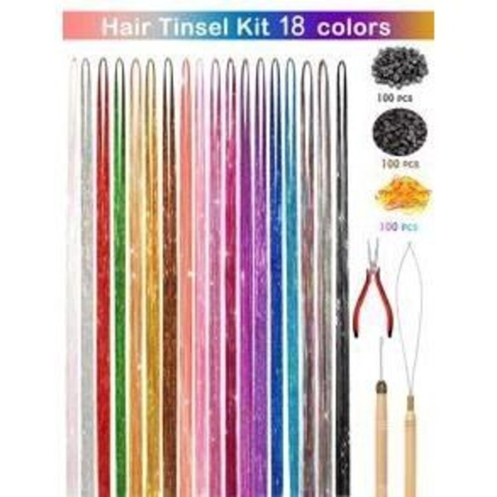 18pcs Sparkle Extra Long Straight Hair Tinsel Synthetic Hair Extension Kit